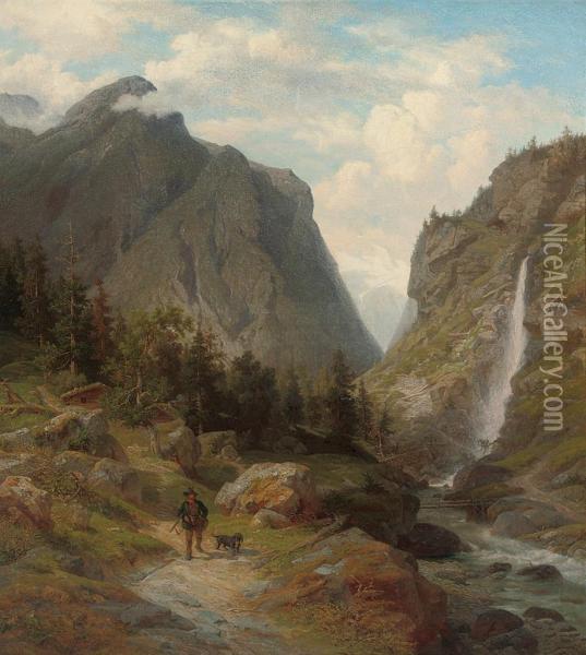 A Huntsman By An Alpine Torrent Oil Painting - Wilhelm Brandenburg