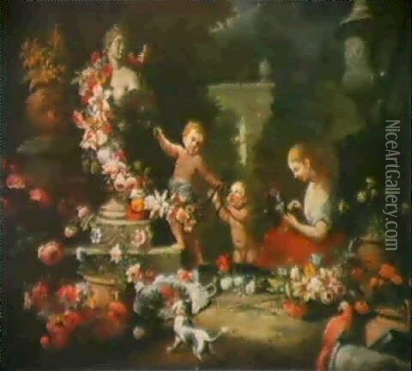 Enfants Ornant Une Statue D'une Guirlande De Fleurs Oil Painting - Abraham Brueghel