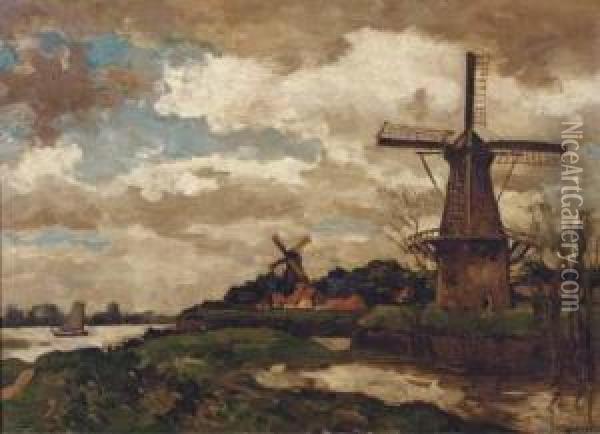 Omgeving Woudrichem: Windmills By A River Oil Painting - Charles Dankmeijer