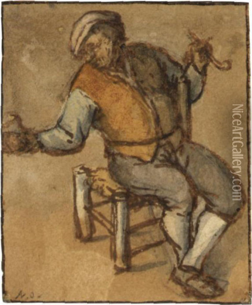 A Peasant Seated On A Stool, Smoking A Pipe Oil Painting - Adriaen Jansz. Van Ostade