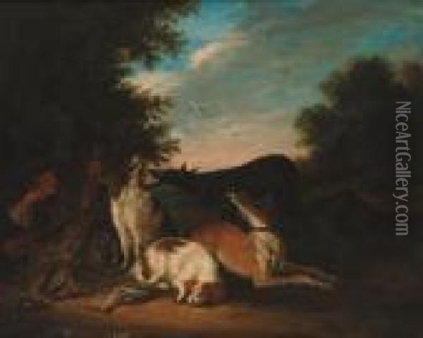 A Huntsman And Hounds With Game Resting In A Landscape Oil Painting - Adriaen de Gryef