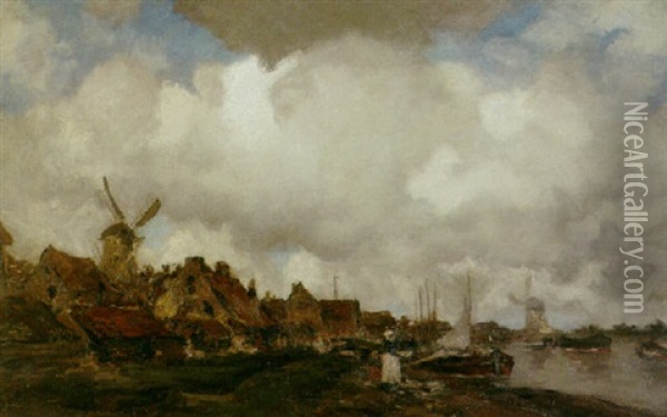 A Village By A Canal With Windmill Beyond Oil Painting - Jacob Henricus Maris