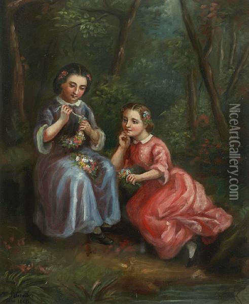 Young Girls Making Flower Crowns Oil Painting - Charlotte Mount B. Schreiber