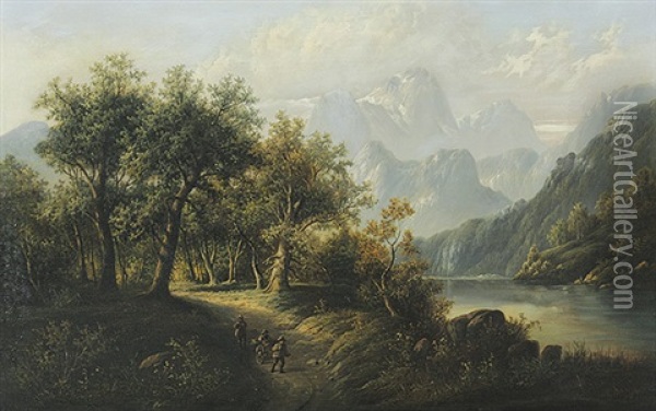 Wanderer Am Fluslauf In Voralpenlandschaft Oil Painting - Eduard Boehm