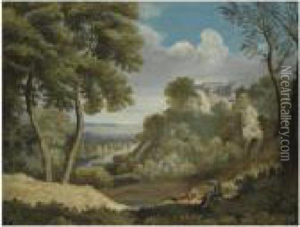 A Landscape With Two Figures In The Foreground And A Fortified Town Beyond Oil Painting - Gaspard Dughet Poussin