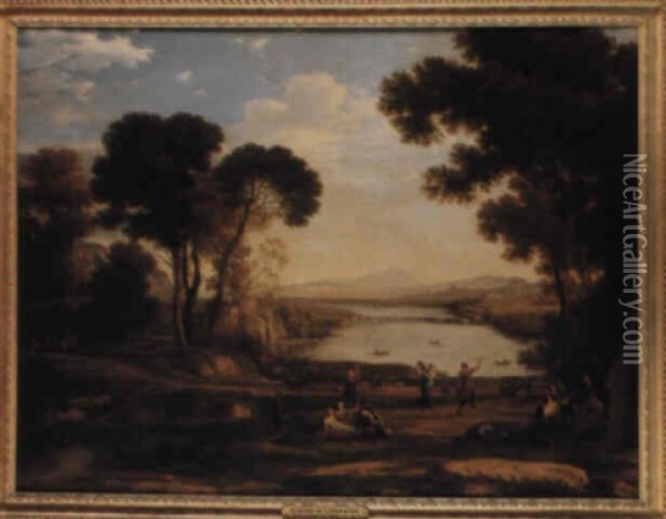 Landscape With Two Figures Dancing With Tambourines Oil Painting - Jacob Philipp Hackert
