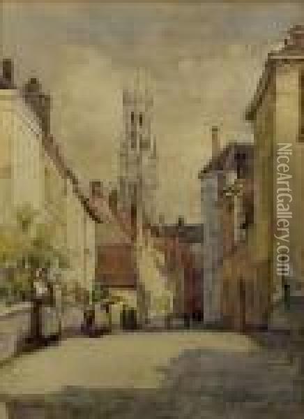 Bruges Street Scene With Figures On A Bridge Oil Painting - May Louise Greville Cooksey