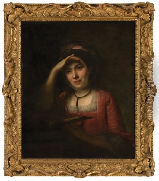 Portrait Of A Lady In A Red Dress Reading A Book Oil Painting - Nathaniel Hone the Elder