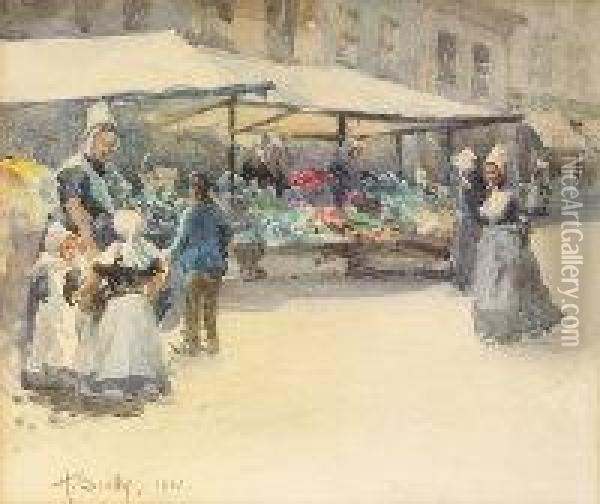 Breton Market Scene Oil Painting - Harry, Harold Scully