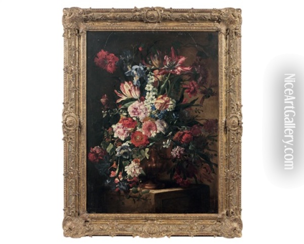 Fleurs Coupees Dans Un Vase De Bronze Pose Sur Un Entablement Oil Painting - Bernard Picart