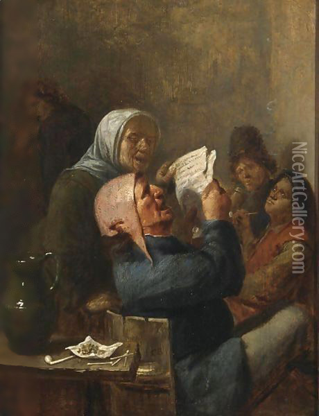 A Man And A Woman Singing In An Inn, Other Peasants Smoking And Drinking Nearby Oil Painting - Joos van Craesbeeck