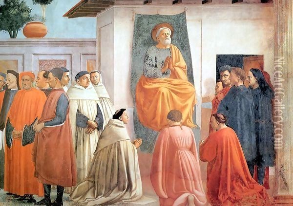 St Peter Enthroned with Kneeling Carmelites and Others Oil Painting - Masaccio (Tommaso di Giovanni)