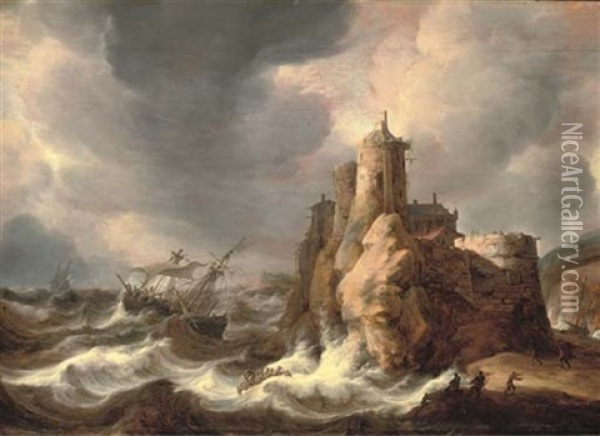 A Dramatic Wreck Below The Fortified Tower Oil Painting - Jan Abrahamsz. Beerstraten