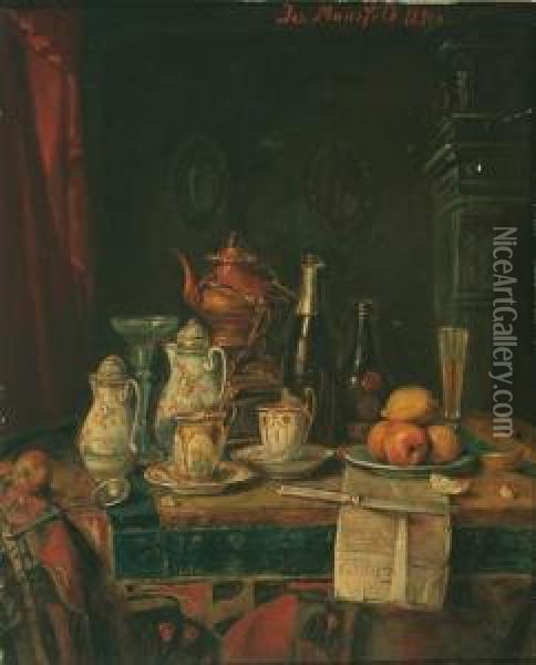 Still Life Withtea, Fruit And Morning Newspaper Oil Painting - Josef Mansfeld