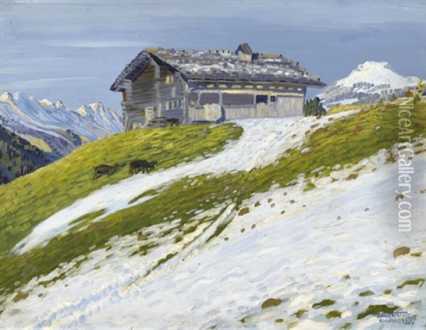 Vorfruhlingspartie Im Berner Oberland Mit Chalet Oil Painting - Waldemar Theophil Fink
