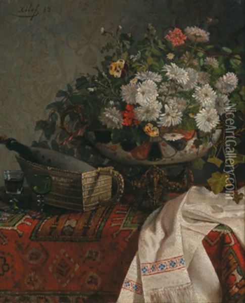 Stilleben Mit Blumen In Schale Und Weinflasche Oil Painting - Felix Elie Regamey