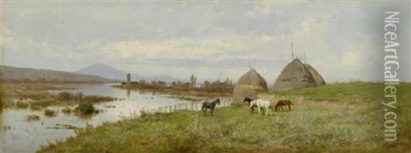 Weite Flusslandschaft Mit Pferden Oil Painting - Pietro Barucci
