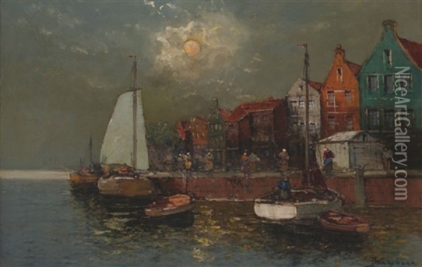 Nachtliche Hafenstadt Oil Painting - Georg Fischhof