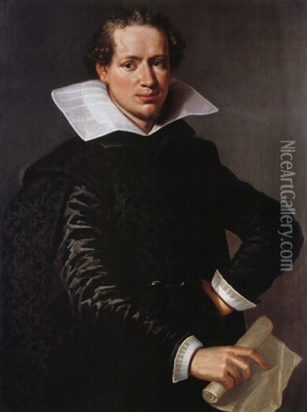 Portrait Eines Jungen Mannes Mit Schriftrolle Oil Painting - Cornelis Cornelisz Van Haarlem