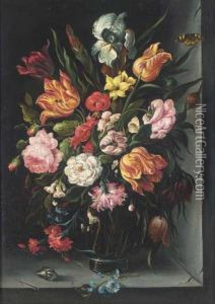 Roses, Tulips, Carnations, 
Morning Glory And Other Flowers In Aglass Vase With A Butterfly, A Snail
 And A Shell On A Ledge Oil Painting - Balthasar Van Der Ast