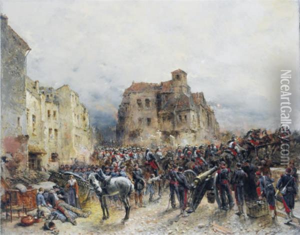 Army Advancing Through A Ruined Town Oil Painting - Wilfred Constant Beauquesne