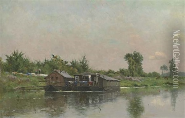 The Houseboat Oil Painting - Adrien Jacques Sauzay