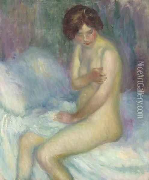 Nude Sitting on a Bed Oil Painting - William Glackens