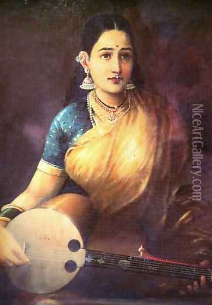 Lady with Swarbat Oil Painting - Raja Ravi Varma