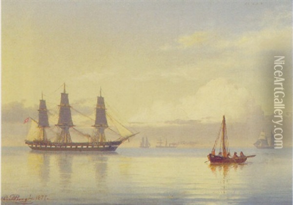 Marine Med Sejkskibe, I Baggrunden Damper Oil Painting - Carl Emil Baagoe