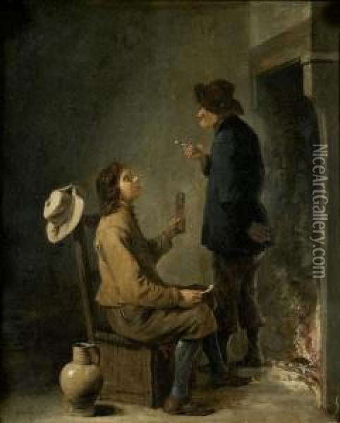 Two Men Smoking And Drinking Before An Open Fire Oil Painting - David The Elder Teniers