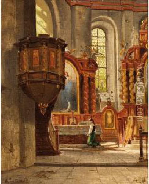 A Girl In A Church Interior Oil Painting - Ascan Lutteroth