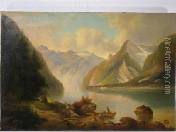Seenlandschaft. Am Horizont Schneebedeckte Gebirgskette Oil Painting - R. Pernold