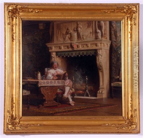 Interior With Gent Seated By A Fire Oil Painting - Alfred Holst Tourrier
