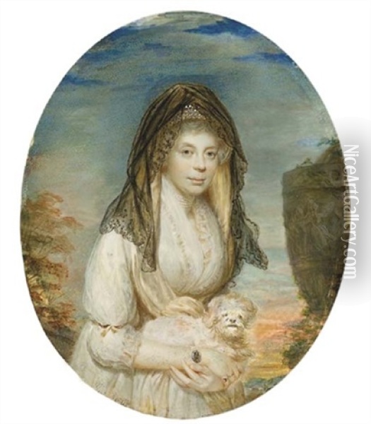 Queen Charlotte, Holding A Maltese Lap-dog, In Lace-bordered White Dress, Wearing A Diamond-set Portrait Miniature Of King George Iii On A Pearl Bracelet, Five-strand Pearl Choker, Black Lace Veil Oil Painting - William Grimaldi