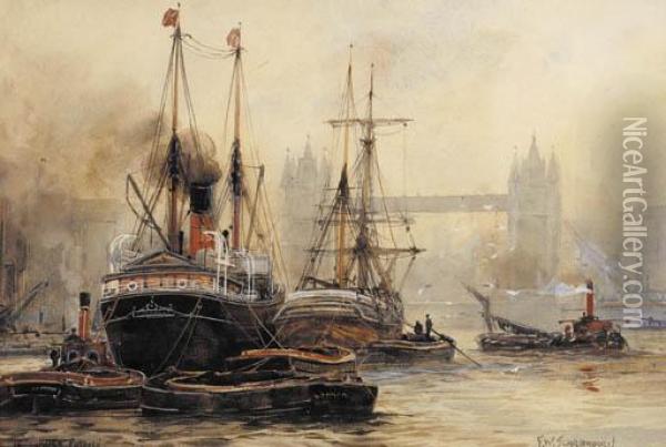 Sunset Off Woolwich, London; And Tower Bridge, London Oil Painting - William Harrison Scarborough