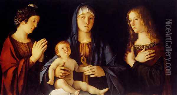 Virgin and Child between St. Catherine and St. Mary Magdalene (Madonna col Bambino tra le sante Caterina e Maddalena) Oil Painting - Giovanni Bellini