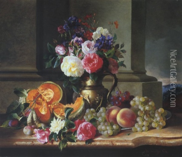 Blumen- Und Fruchtstilleben Oil Painting - Adalbert Schaeffer