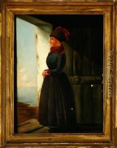 A Danish Woman From Fano Island Is Looking Over The Ocean Oil Painting - Christian Andreas Schleisner