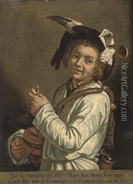 Portrait Of A Boy Playing A Rommelpot Oil Painting - Abraham Bloemaert