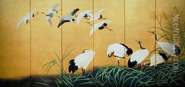 Six Fold Screen Depicting Reeds and Cranes Edo period Japanese Oil Painting - Suzuki Kiitsu