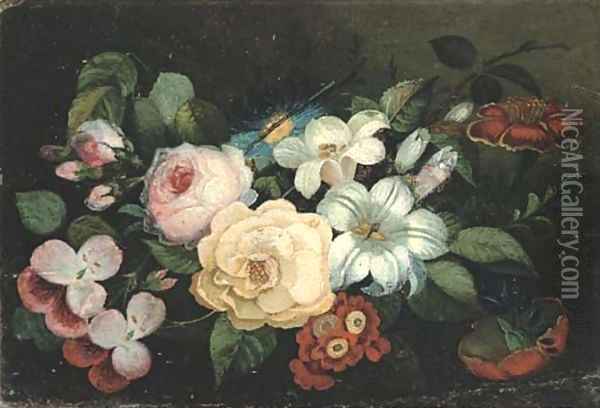 Roses, lilies, pinks, pansies and other flowers Oil Painting - French School