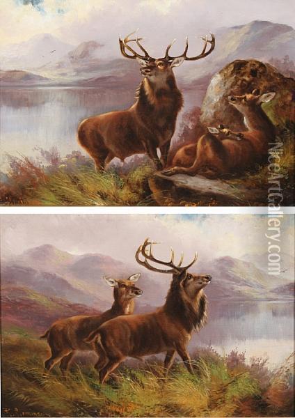 Monarch Of The Glen; Stag And Hind Oil Painting - Robert Cleminson