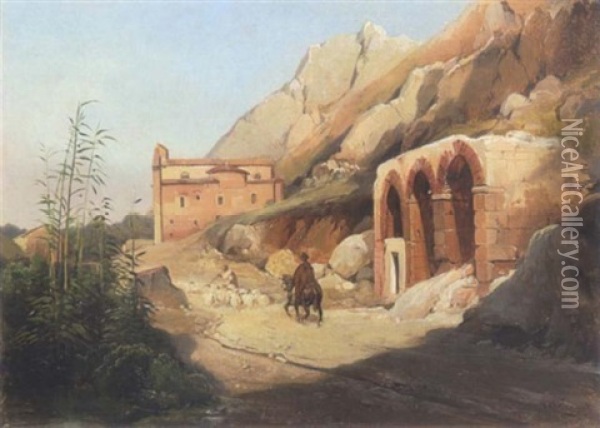 Kirche Und Ruinen In Sudlicher Felsenlandschaft Oil Painting - Jean Charles Joseph Remond