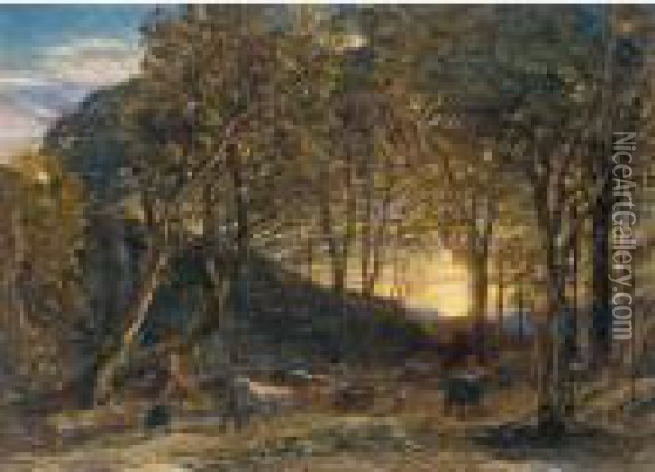 Landscape With Peasant Girl Minding Cattle: Evening Oil Painting - Samuel Palmer