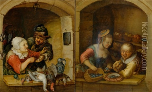 Pair Of Works: Poultry Seller And Fruit Seller Oil Painting - Georg Melchior Kraus