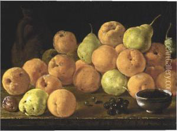 A Still Life Of Quinces, Pears, A
 Plum, A Bunch Of Red Grapes, Green Grapes, A Terracotta Jug And A 
Ceramic Cup, All Arranged Upon A Table Top Oil Painting - Luis Eugenio Melendez