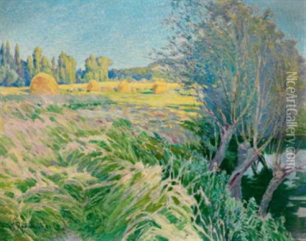 Landschaft Mit Weiden Am Flus Und Heuhaufen Oil Painting - Wenzel Radimsky