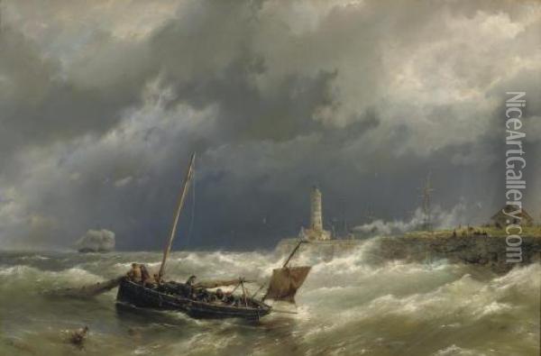Gathering The Nets On A Stormy Sea Oil Painting - Hermanus Koekkoek
