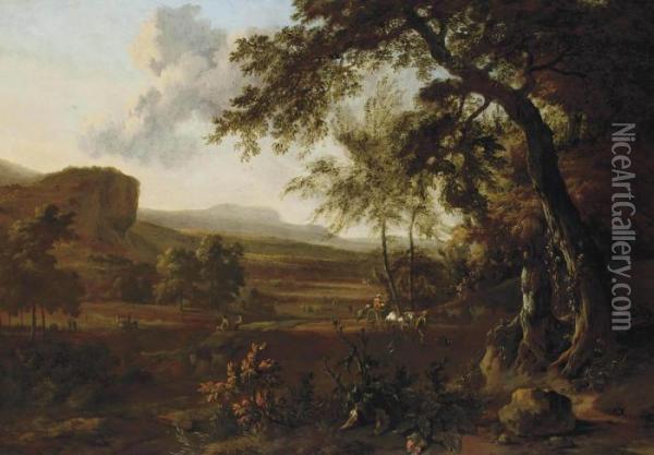 An Italianate Landscape With Travellers On A Track Oil Painting - Jan Wijnants