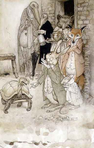 The Hare and the Tortoise, illustration from Aesops Fables, pub. by Heinemann, 1912 Oil Painting - Arthur Rackham